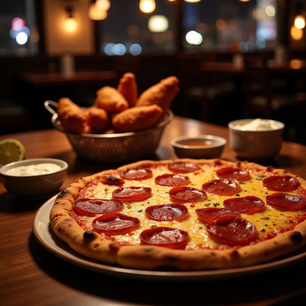 Delicious pizza and wings on a table, ready for a Monday night feast.