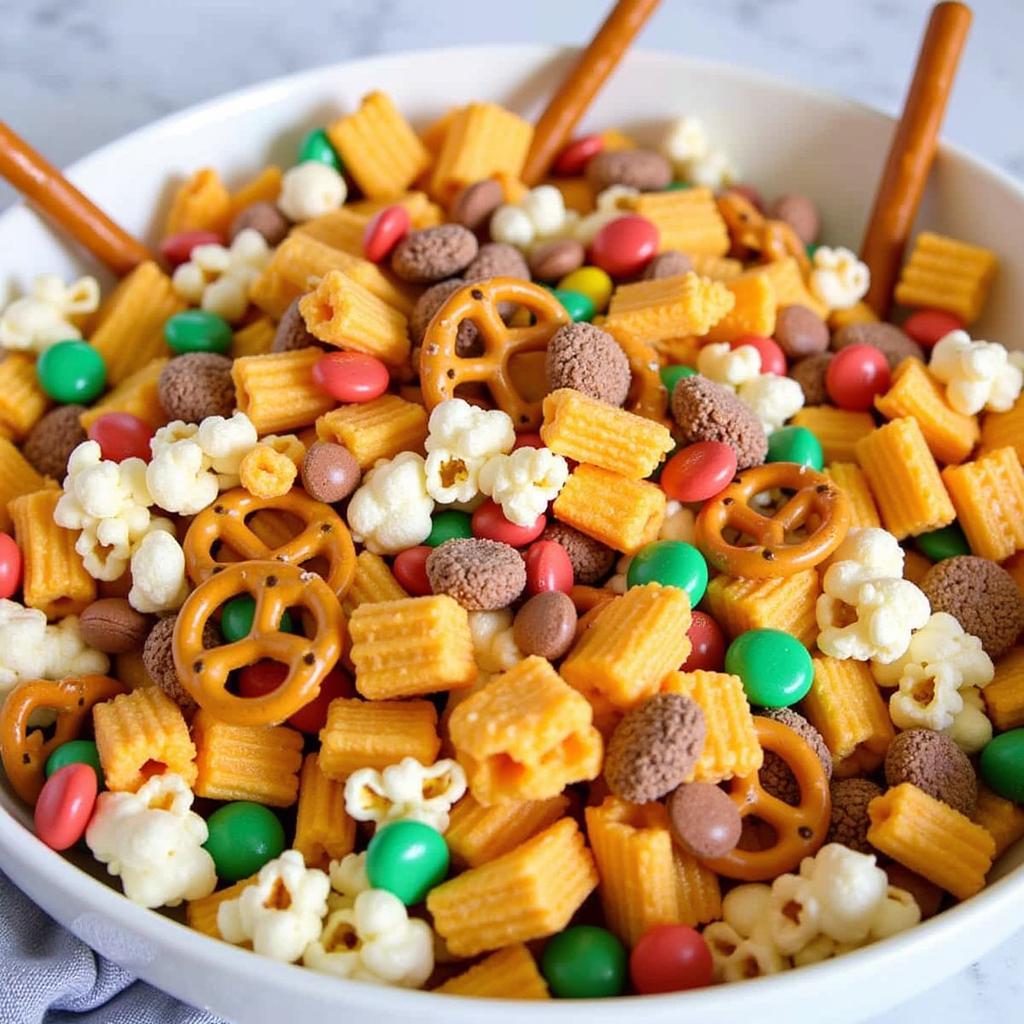 A bowl of monster truck snack mix with pretzel sticks as traffic cones.