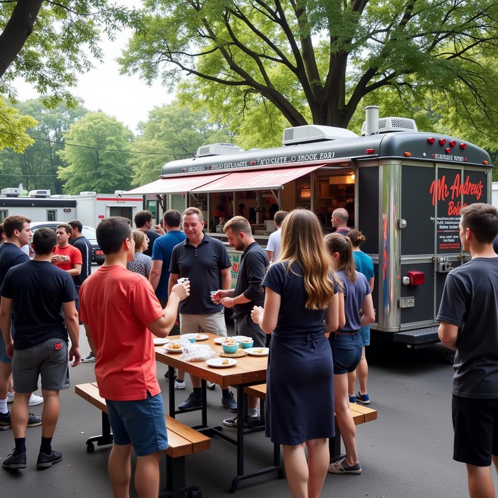 Happy customers enjoying their meals from Mr. Andrew's food truck in a lively outdoor setting.