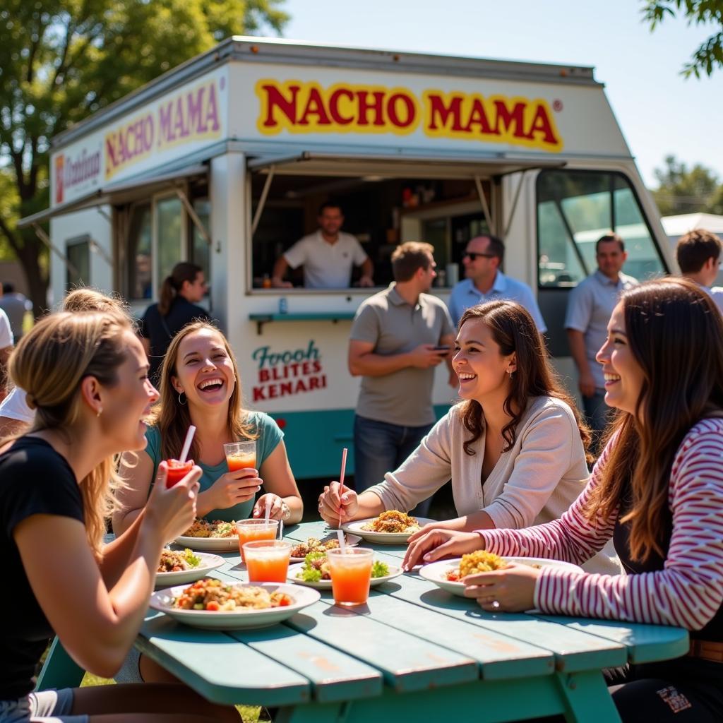 Customers enjoying their meals from the Nacho Mama food truck in a lively outdoor setting.