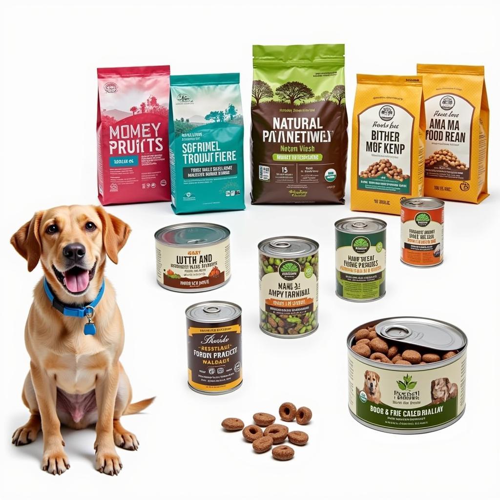 A variety of natural grain-free dog food options displayed on pet store shelves.