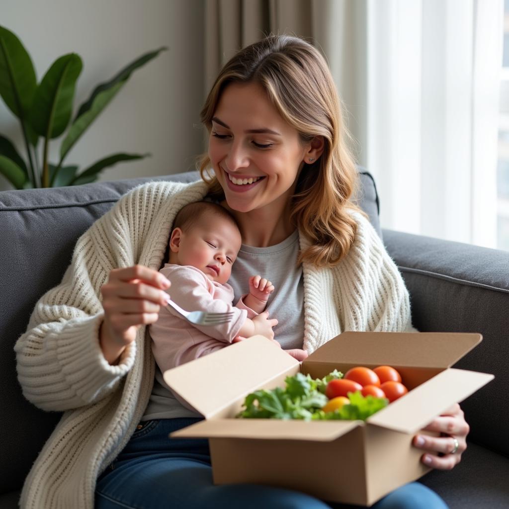 A new mom sitting on a couch, holding her baby, and enjoying a delivered meal.