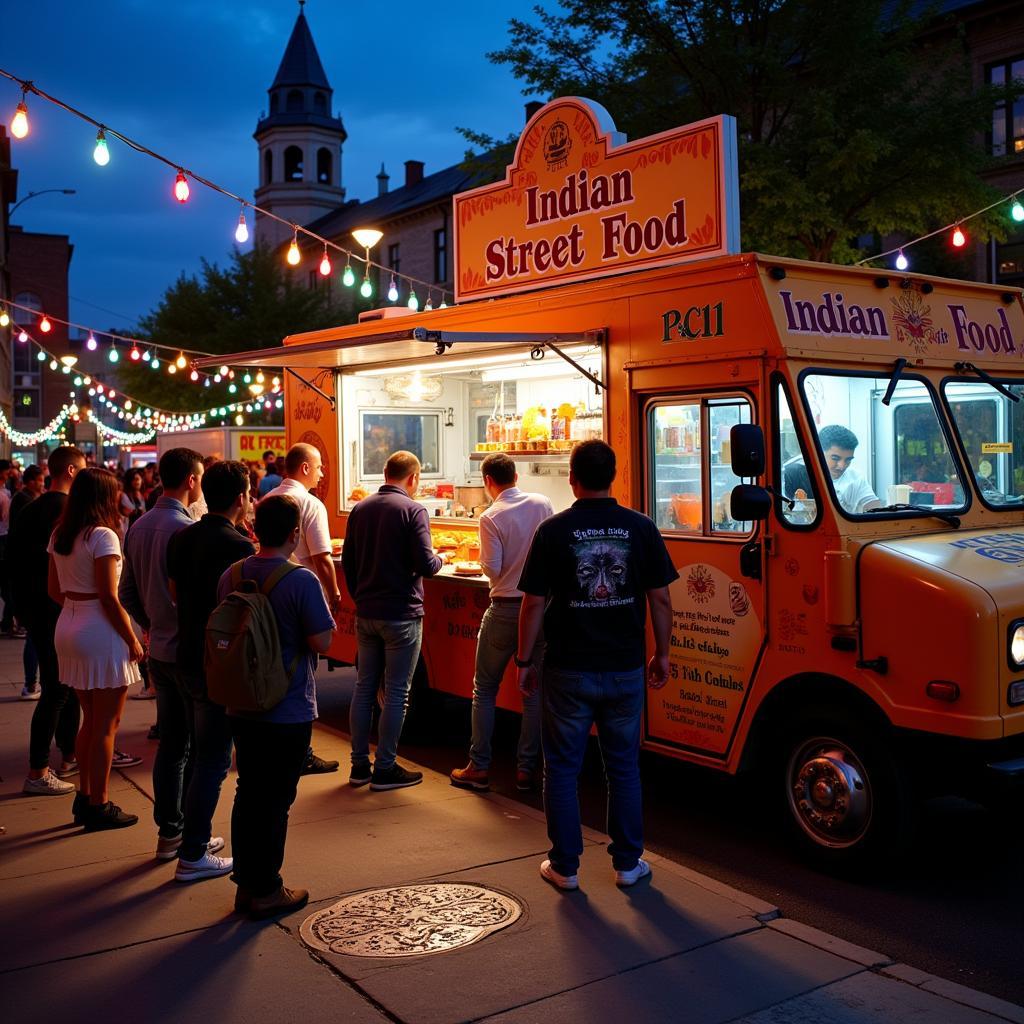 Vibrant scene of a nice Indian food truck serving customers