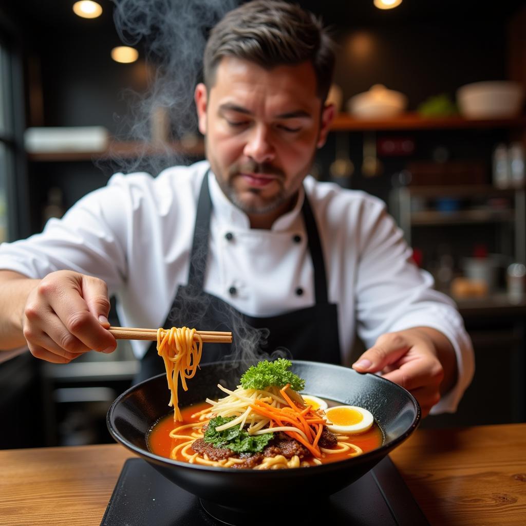 A skilled chef inside a noodle wagon food truck expertly prepares a bowl of steaming ramen.