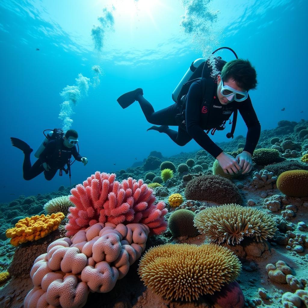 Divers planting coral reefs as part of an ocean conservation project.