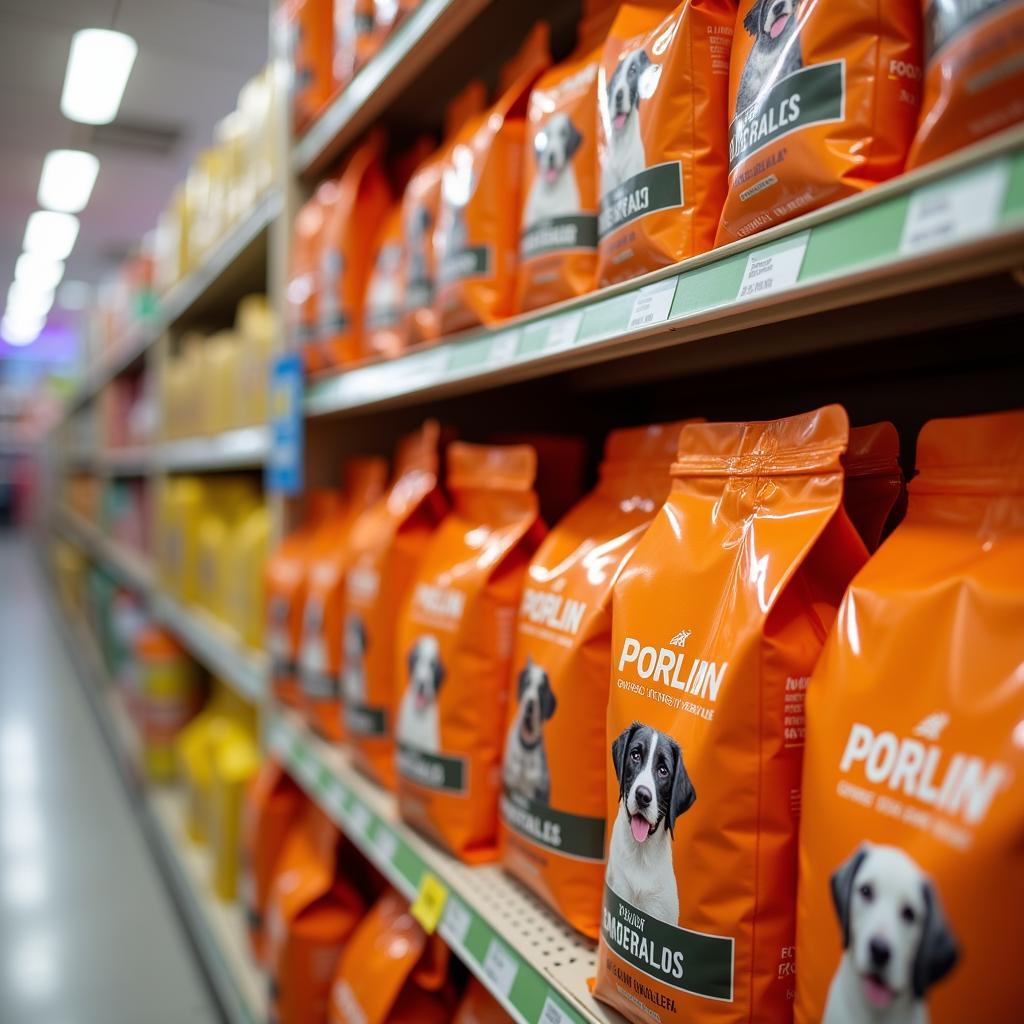 Orange dog food bags lined up on store shelves