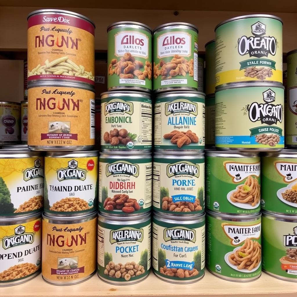 Various cans of organic dog food lined up on a shelf