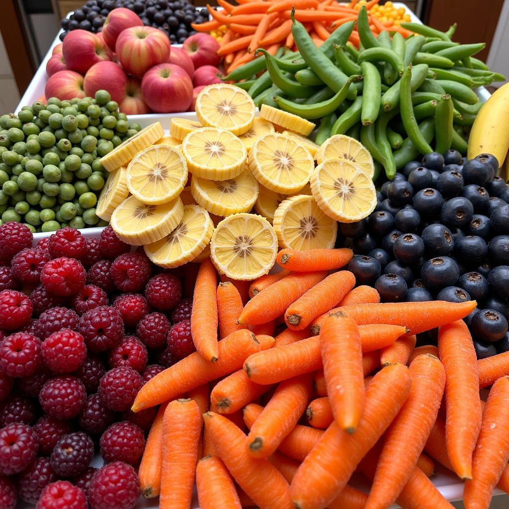 A vibrant display of freeze-dried organic fruits and vegetables, showcasing their bright colors and textures.