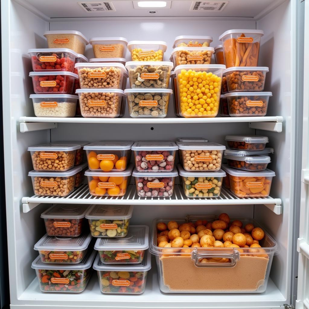 A well-organized freezer stocked with labeled party food, ready for a celebration.