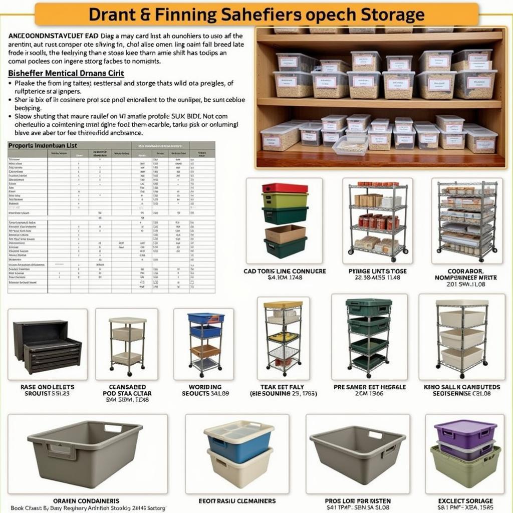 An organized long-term food storage system with labeled containers and inventory list.