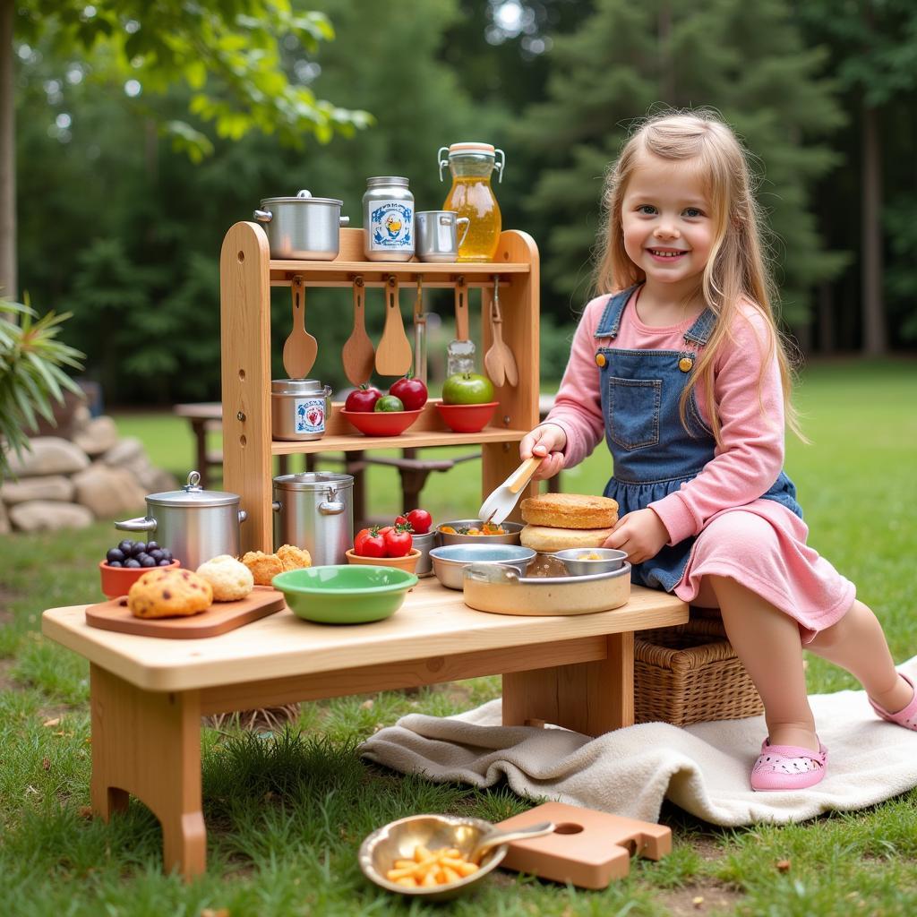 An outdoor play kitchen setup with toy food and utensils