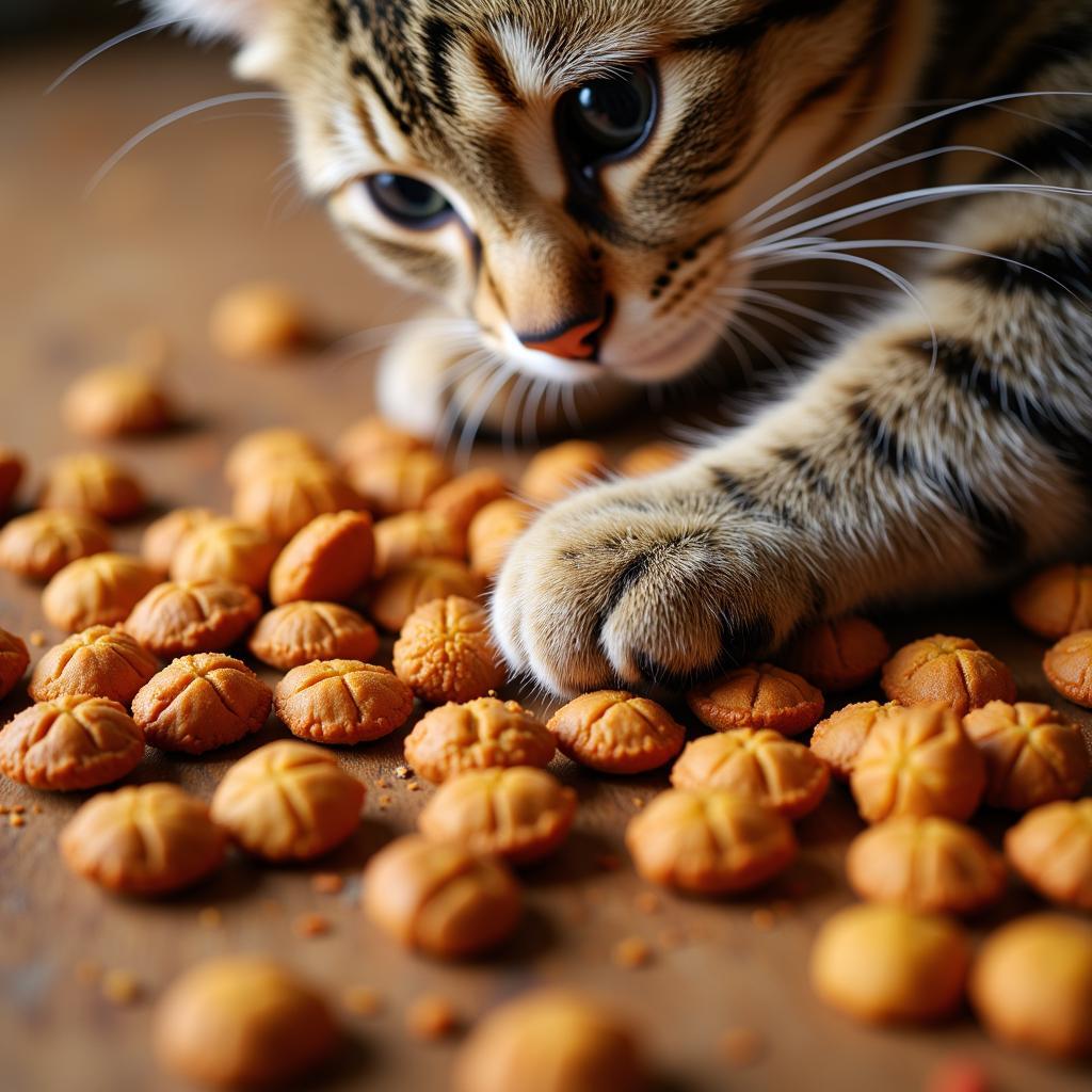 Close-up of oven-baked cat food kibble showcasing its texture and color.