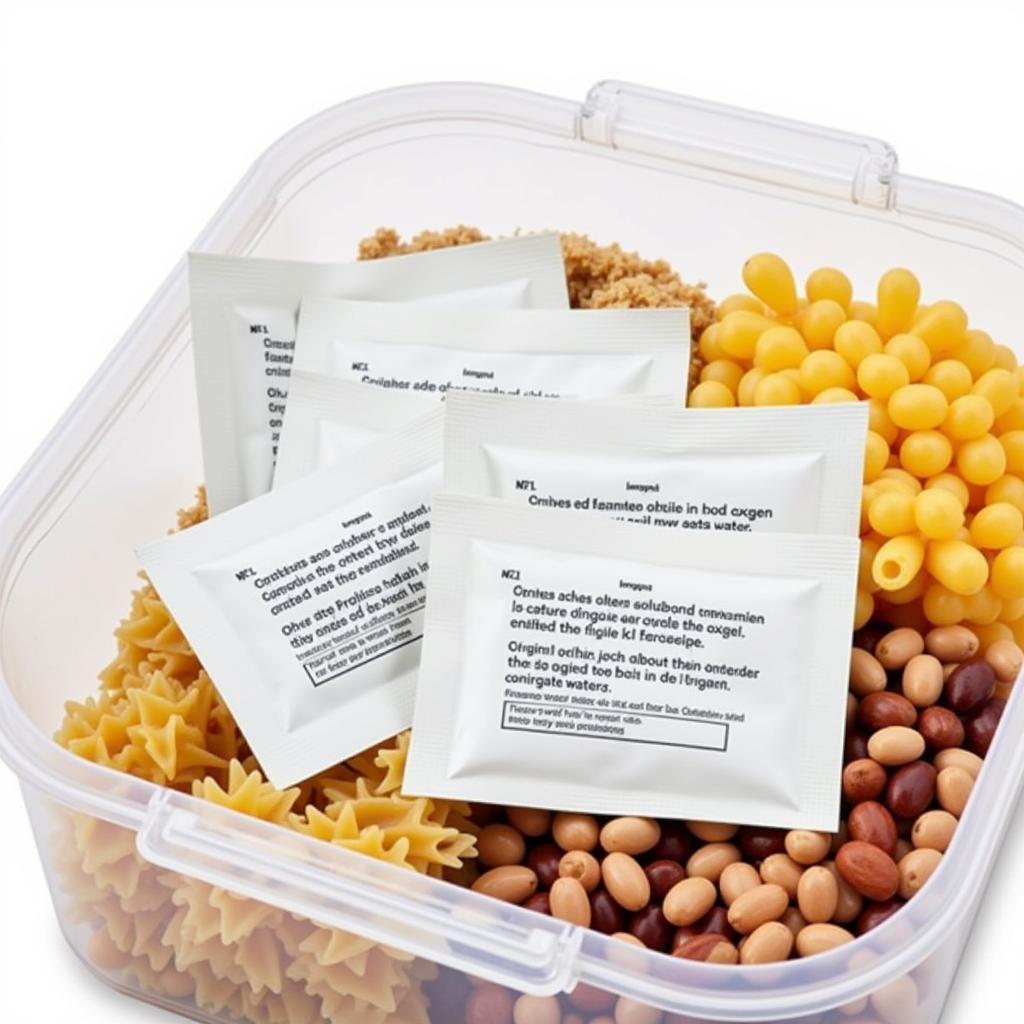 Oxygen absorbers placed inside a food-safe storage container with dry goods.