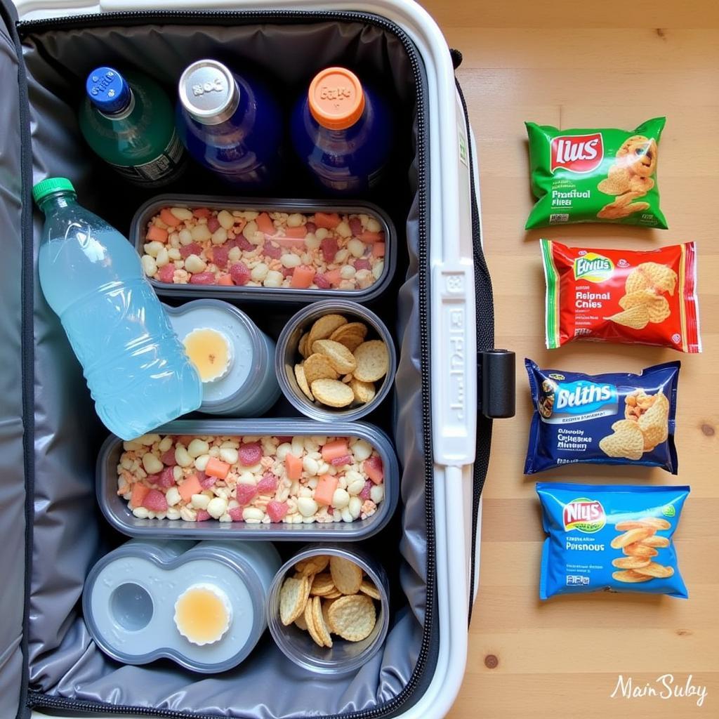 Packing road trip snacks in a cooler and containers.