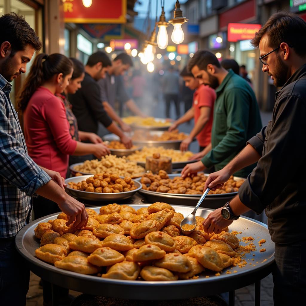 A street food vendor preparing and serving popular pakistani street food items like samosas and pakoras.