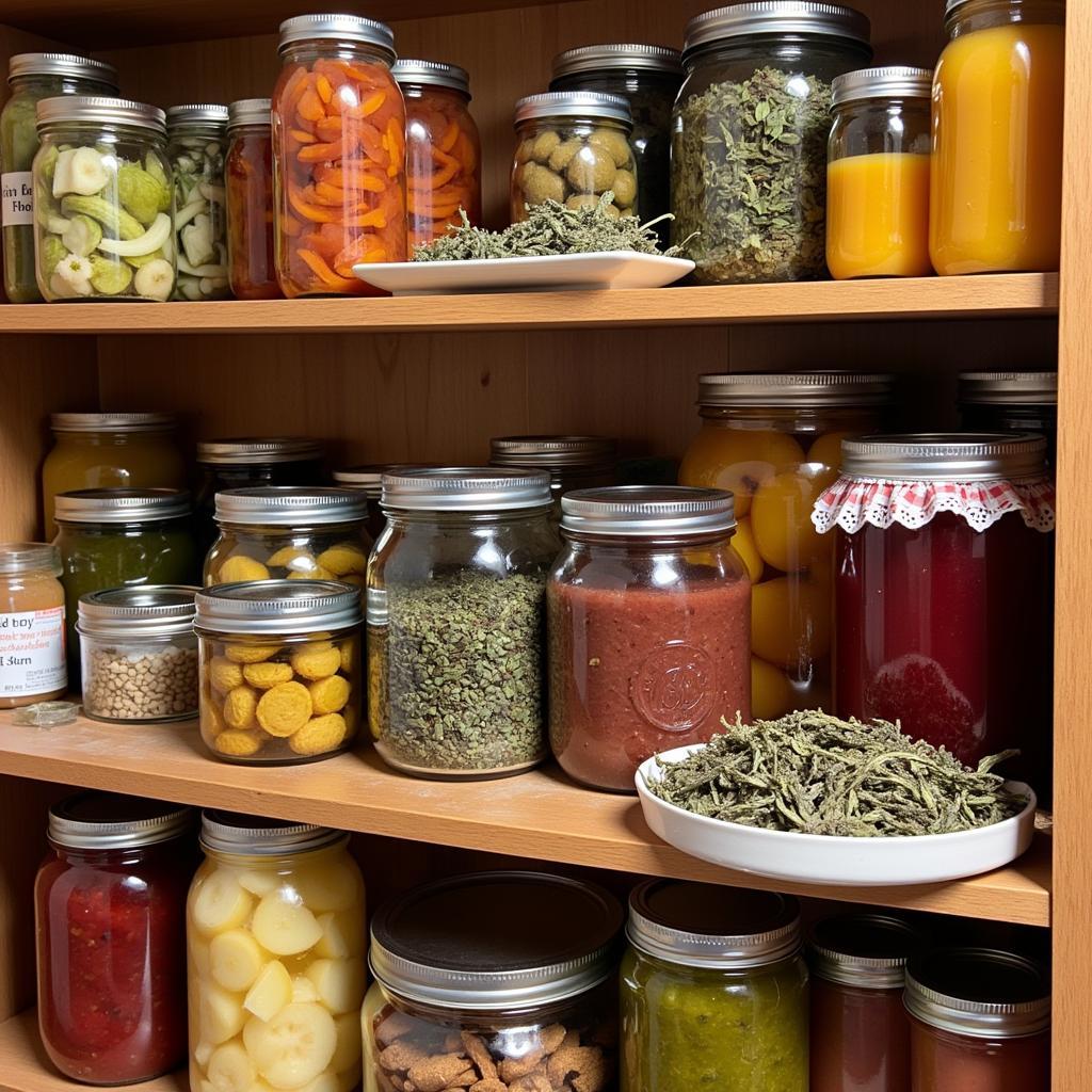 Pantry stocked with preserved foods: Rows of jars, cans, and dried goods.