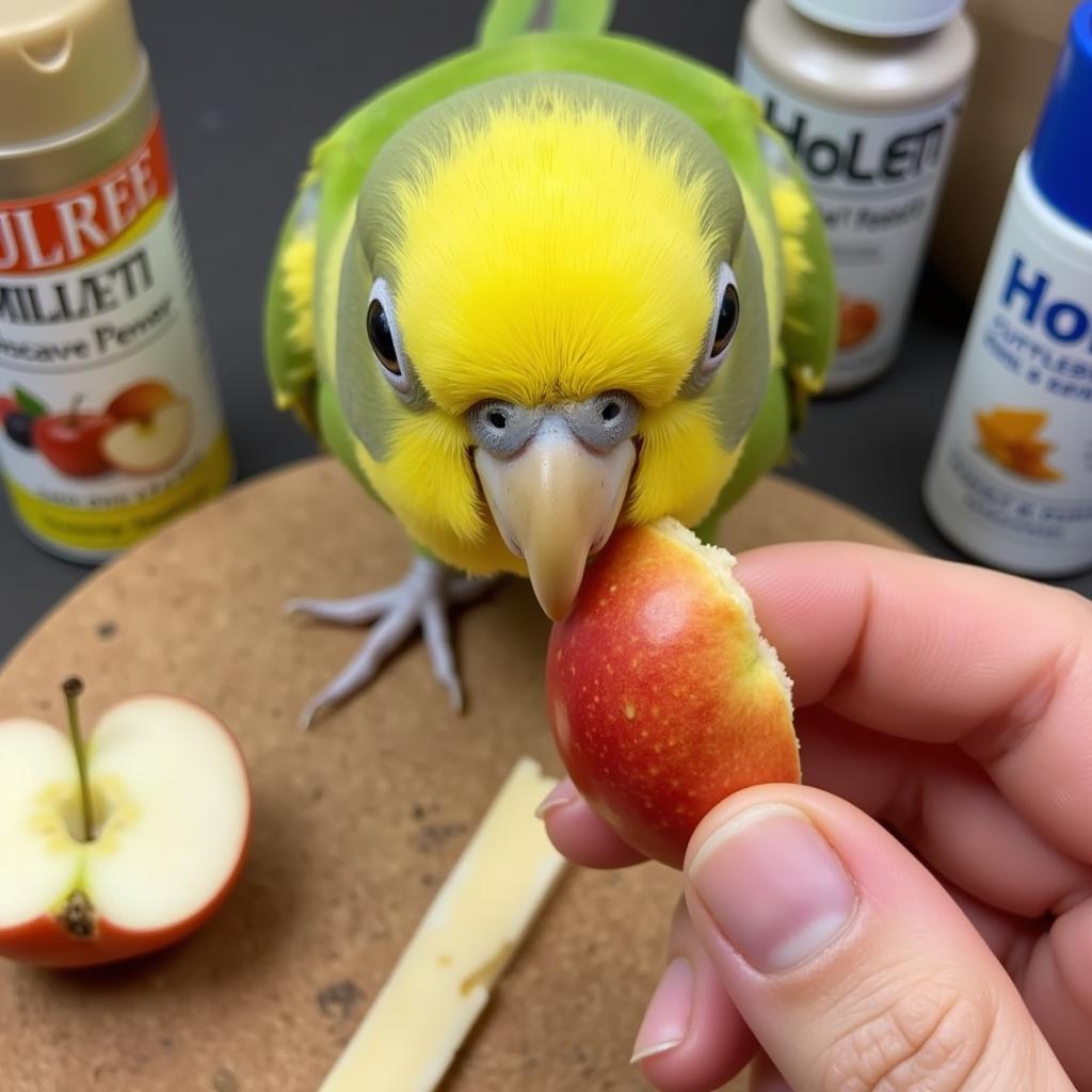 A parakeet enjoying healthy treats.