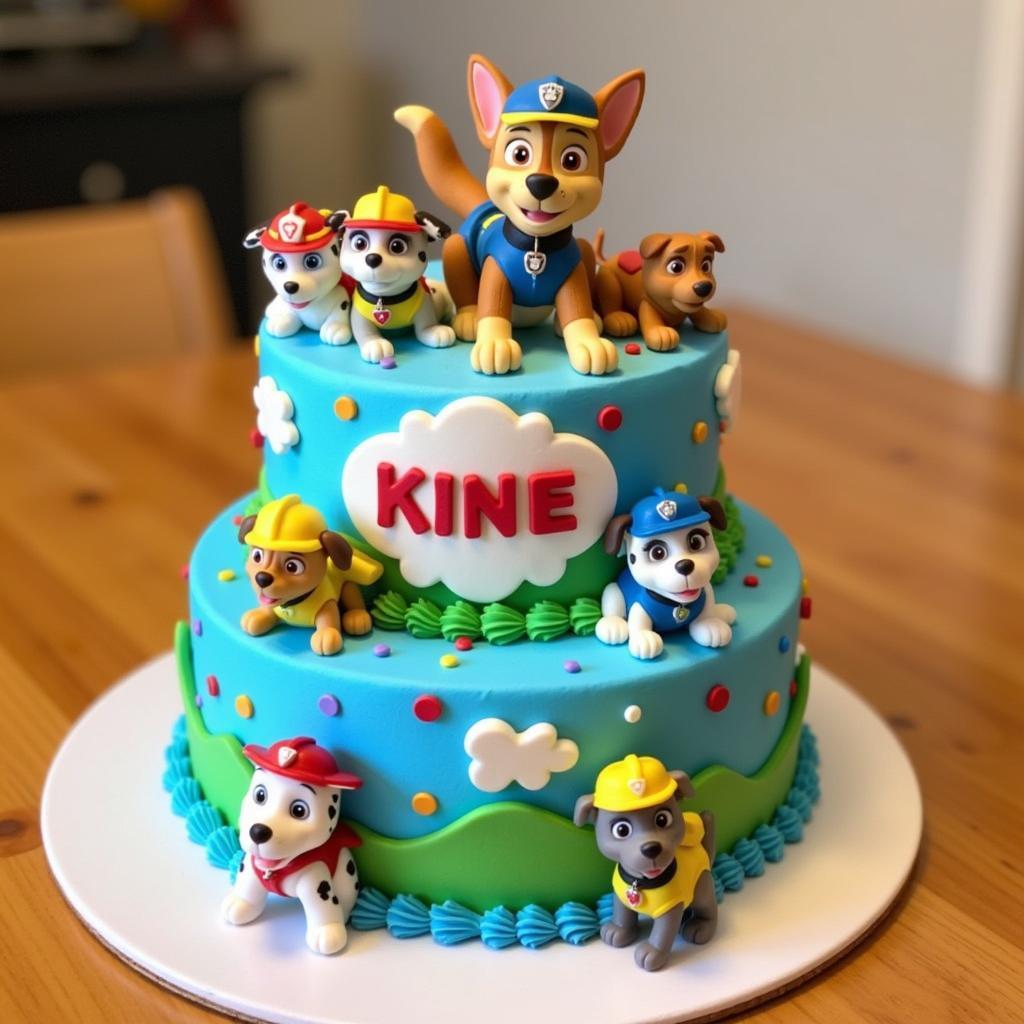 Paw Patrol themed birthday cake with edible figures of the pups.