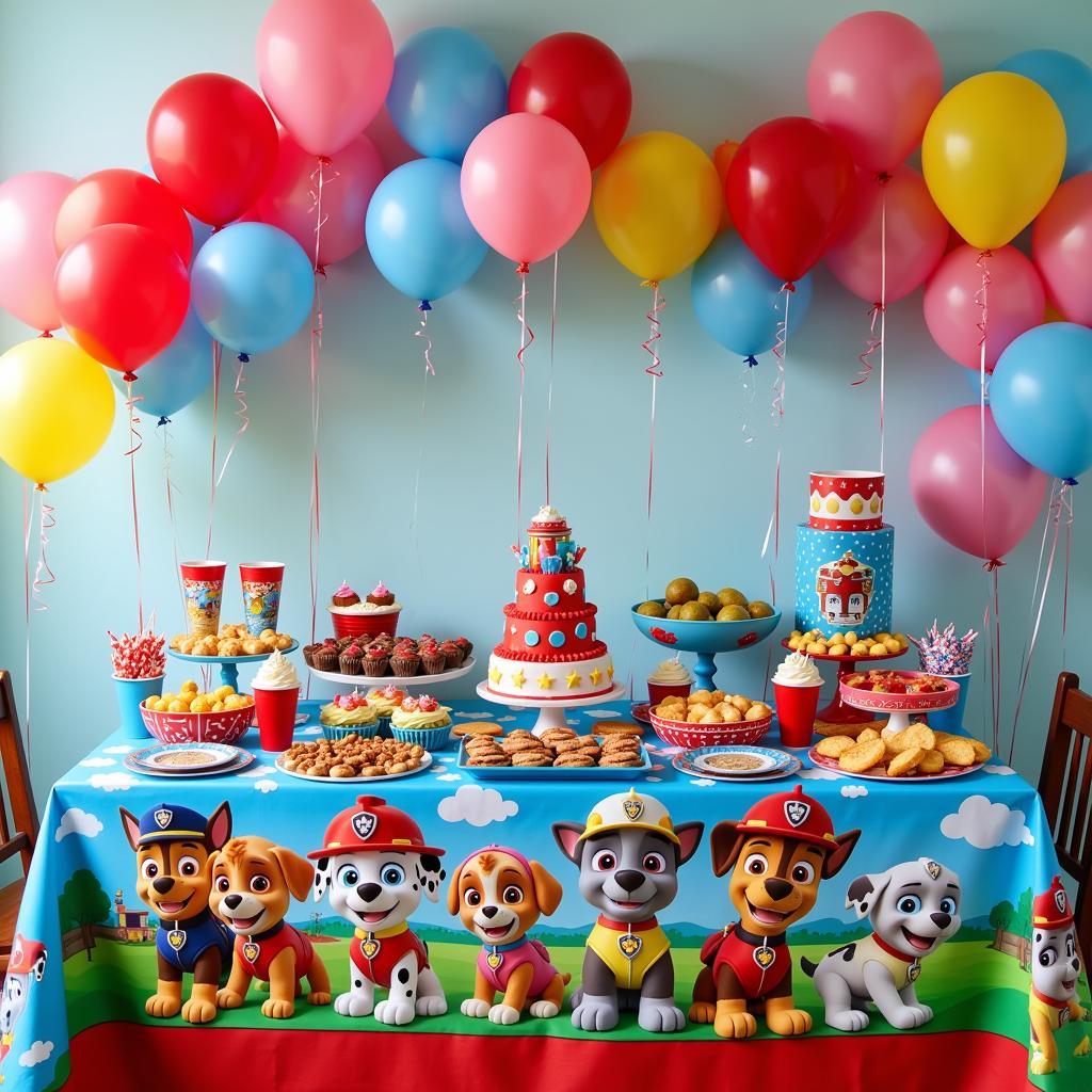 A festive Paw Patrol themed party table setup with decorations and food.