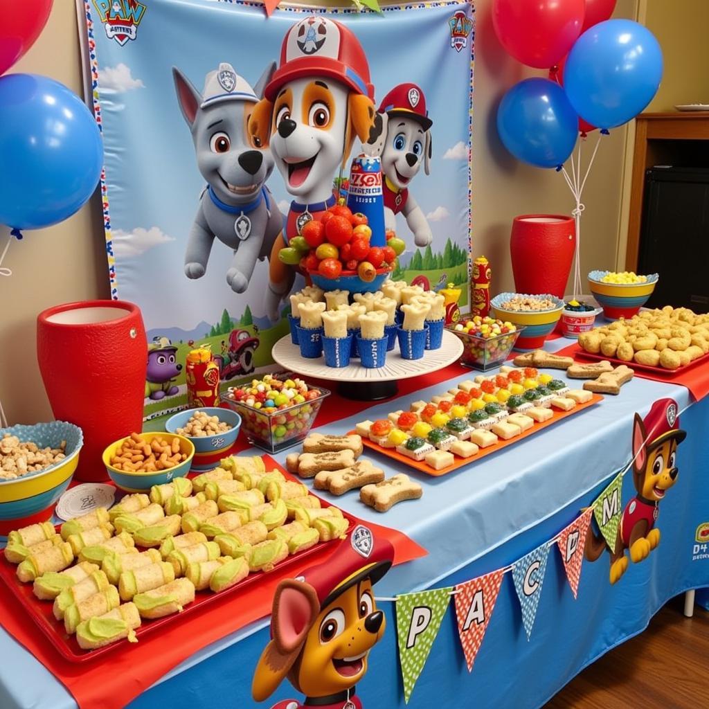 Paw Patrol themed snack table with various treats and decorations