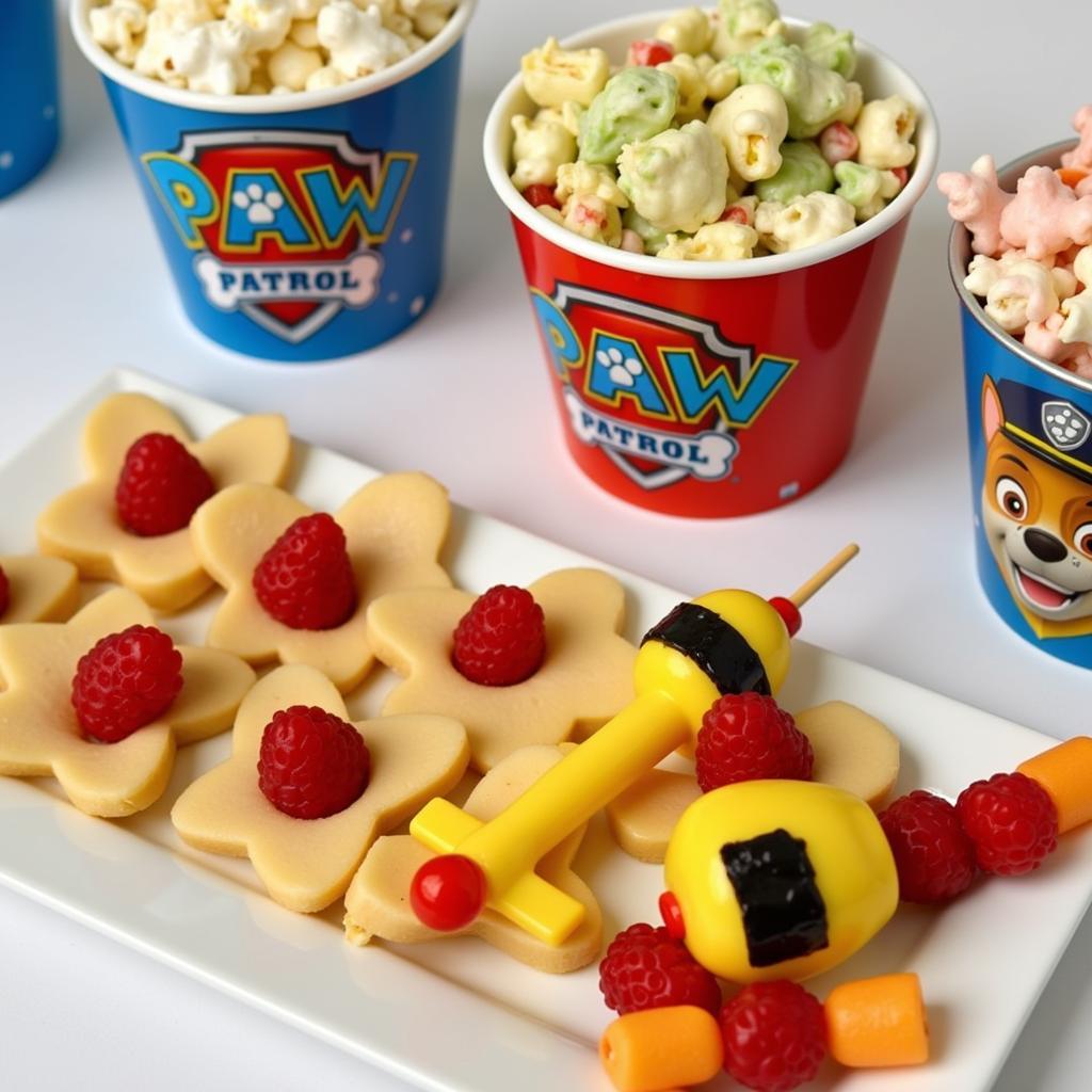 Close-up of Paw Patrol themed snacks, including pup-corn, paw-sta salad, and fruit skewers.