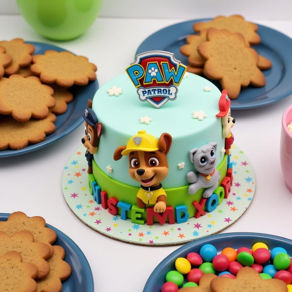 Delicious Paw Patrol themed desserts including a decorated cake and pup-shaped cookies.