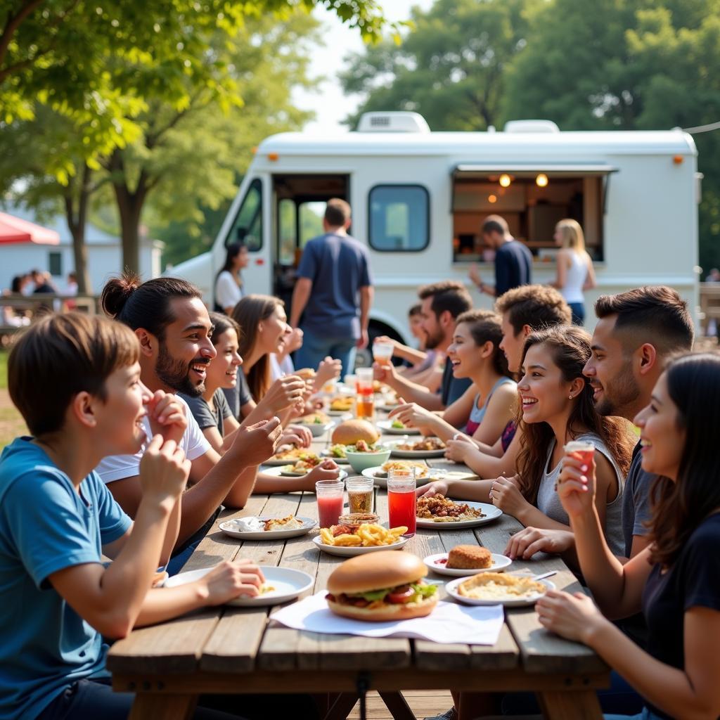 People enjoying their meals at picnic tables near a little Italy food truck.