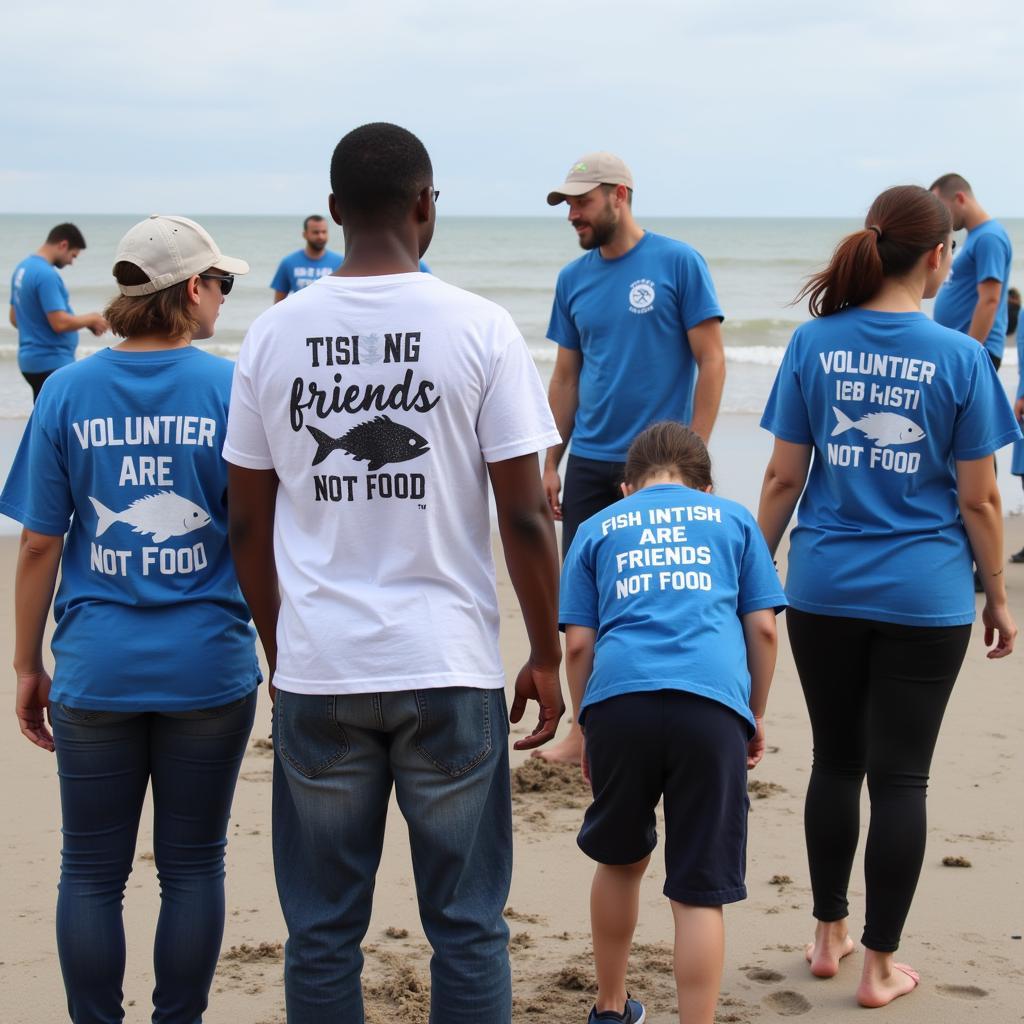 People wearing "Fish Are Friends Not Food" shirts at a beach cleanup event.