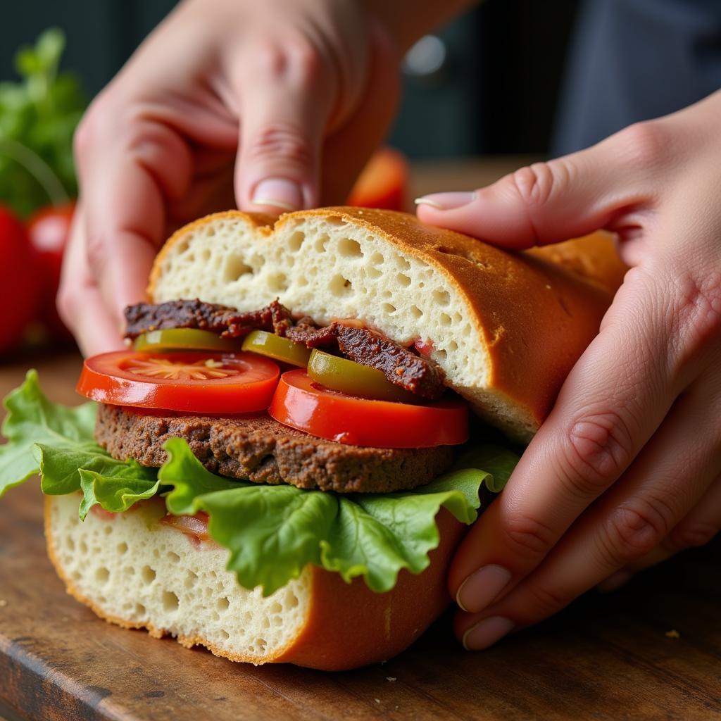 Close-up shot of a hoagie being assembled, highlighting the fresh ingredients: crusty bread, thinly sliced meats, vibrant vegetables, and creamy cheese.