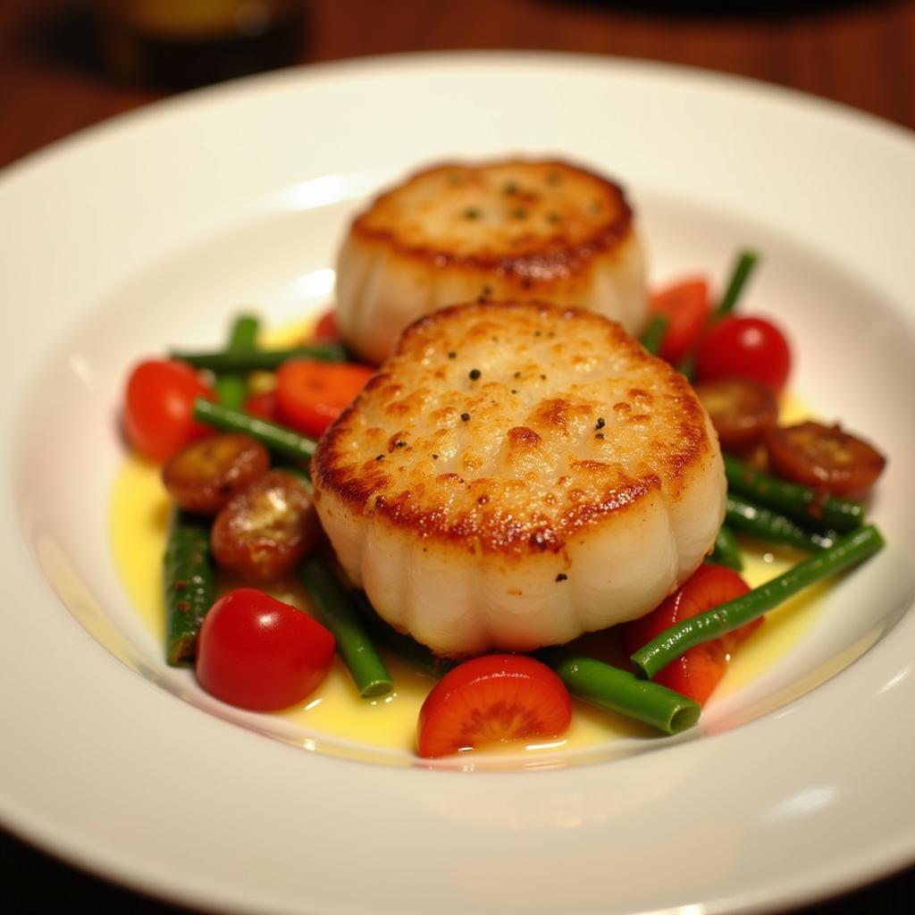 A beautifully plated seafood dish, highlighting the last bite with a perfectly seared scallop and vibrant vegetables.