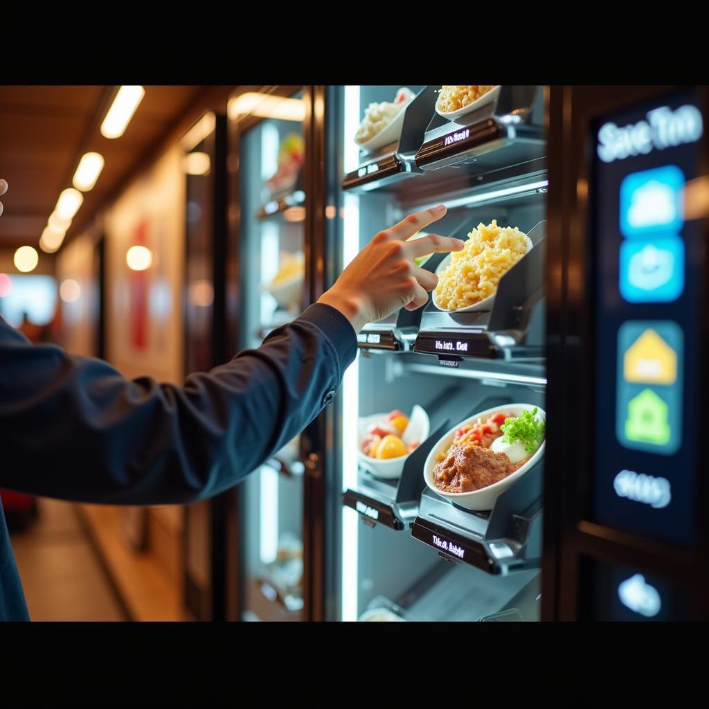 A person selecting a meal from a hot food vending machine.