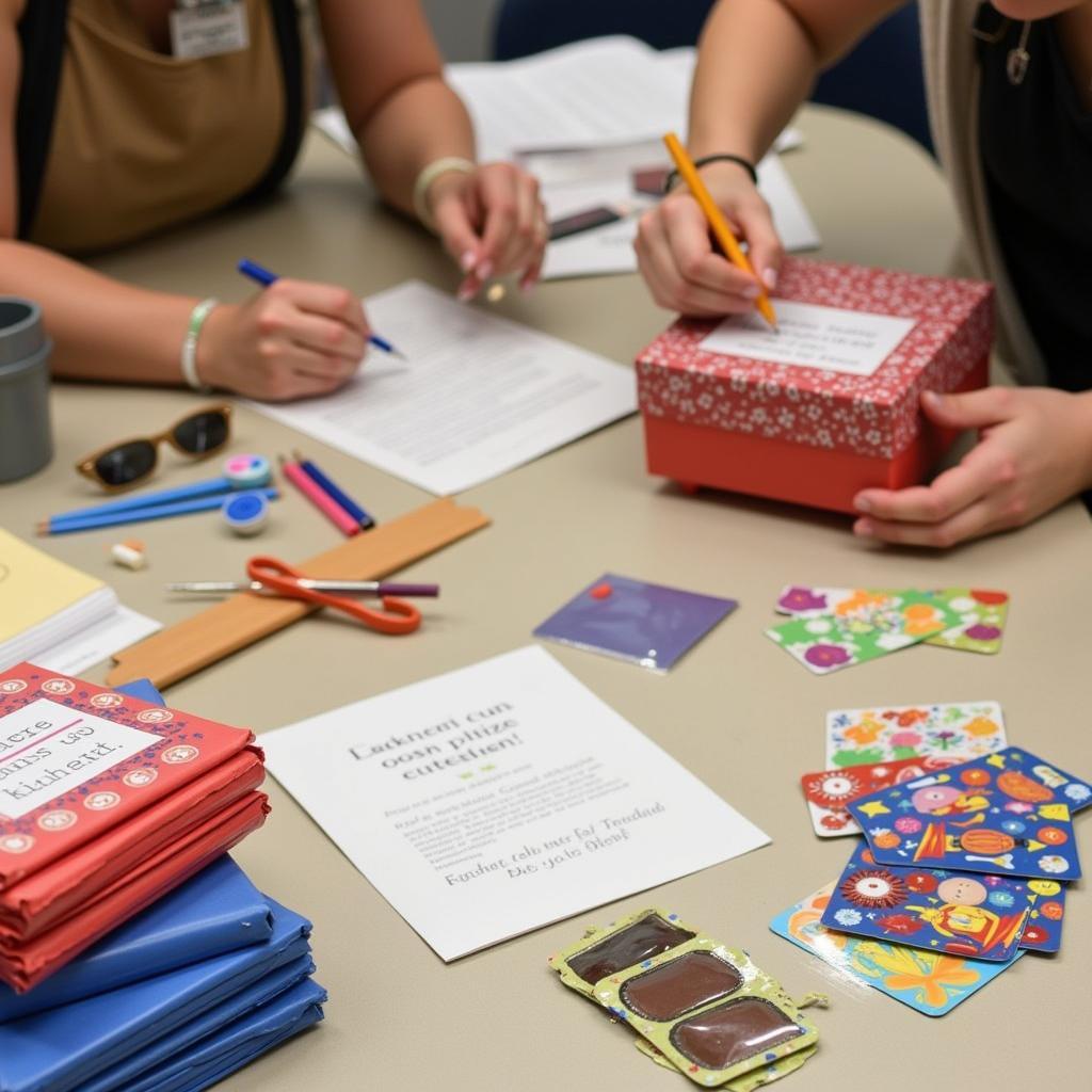 Volunteers preparing personalized birthday kits for a food pantry, including themed decorations and handwritten cards.