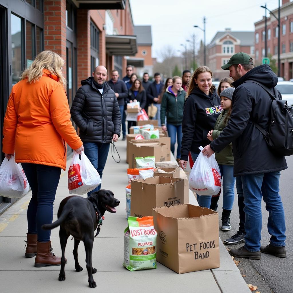 People lining up at a pet food bank