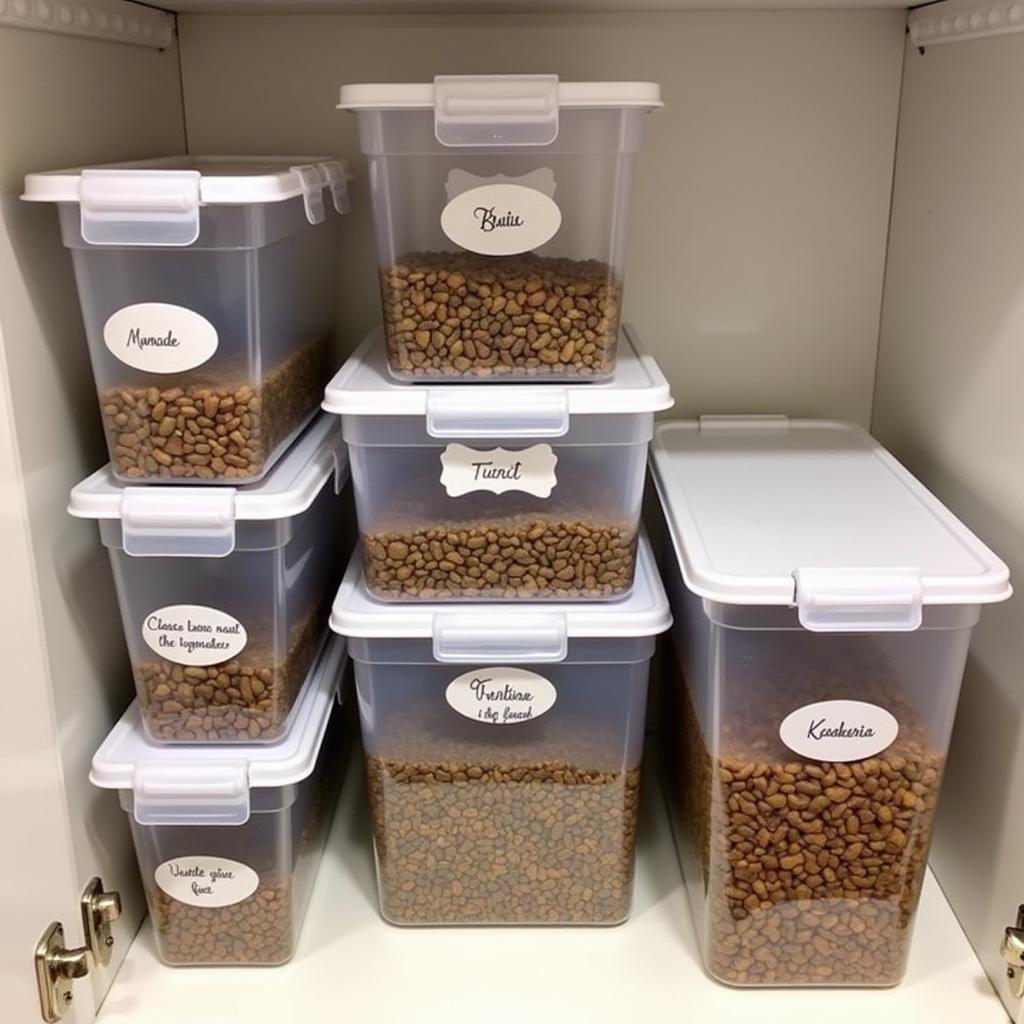 Pet food containers stored neatly in a pantry