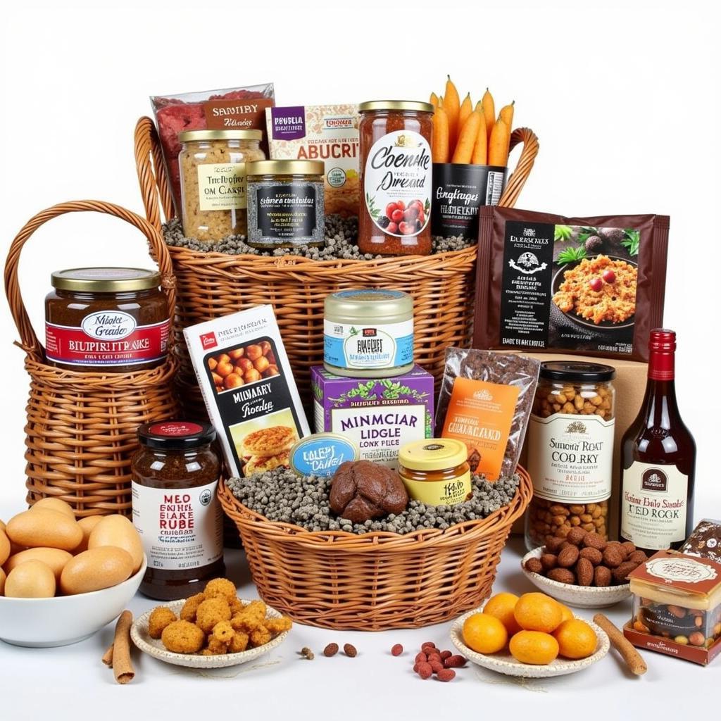 A variety of Philadelphia food gift baskets filled with local specialties like soft pretzels, cheesesteaks, and Tastykakes.