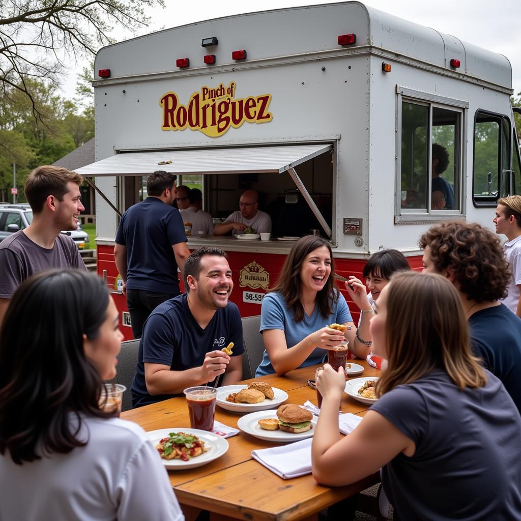 Happy customers enjoying food from the A Pinch of Rodriguez food truck