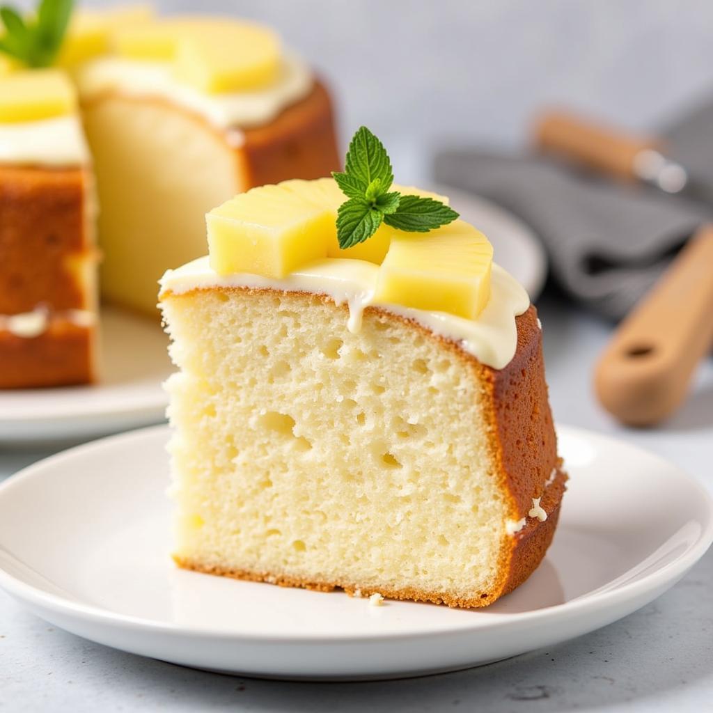 Pineapple Angel Food Cake Weight Watchers Recipe: A slice of light and airy pineapple angel food cake on a plate, decorated with fresh pineapple slices and mint.