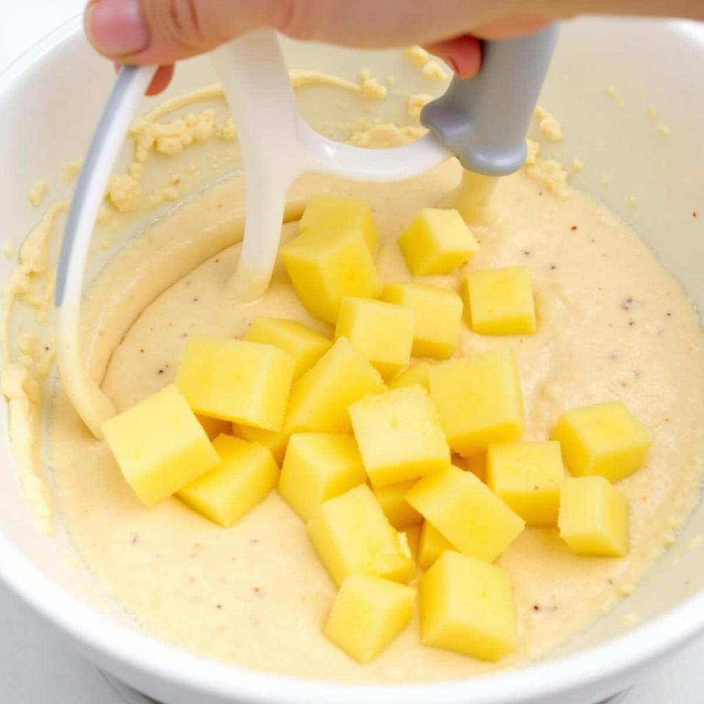 Mixing pineapple chunks into angel food cake batter.