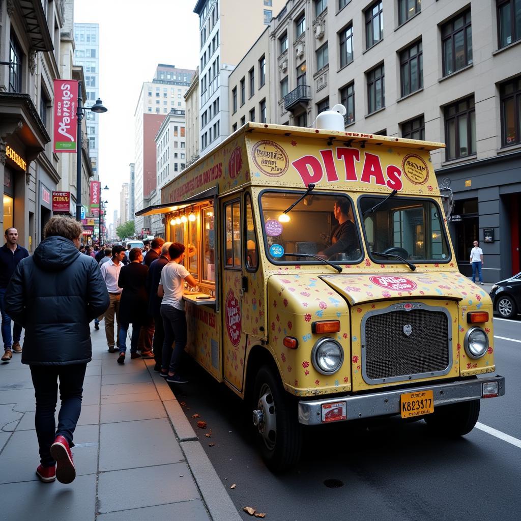 Customers lining up at a pita perfect food truck