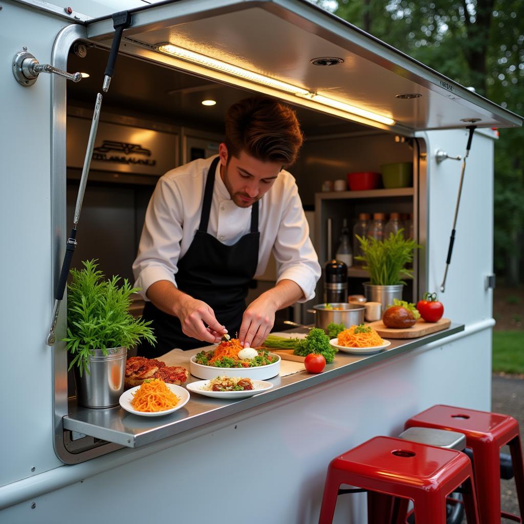 A chef inside a plain food truck preparing gourmet dishes with fresh ingredients.