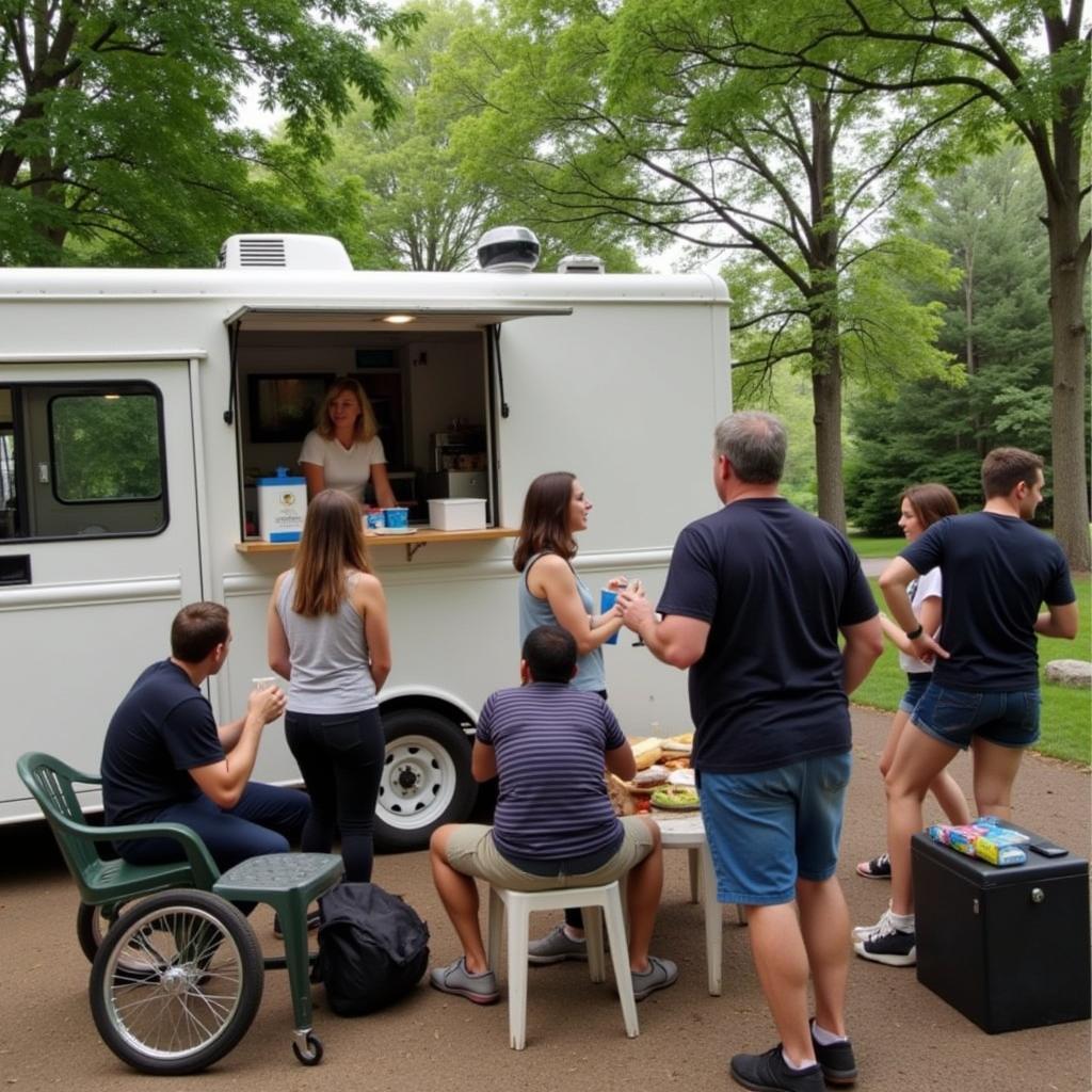 People enjoying their meals from a plain food truck in a park setting.