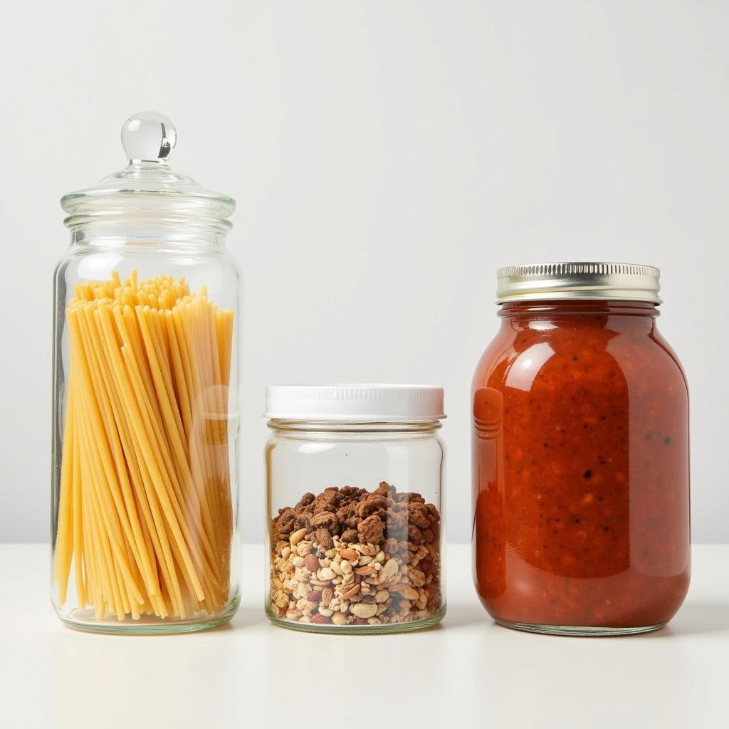 Food items stored in various food safe plastic jars.