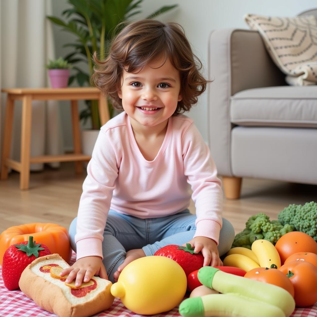 Child Playing with Plush Food Toys