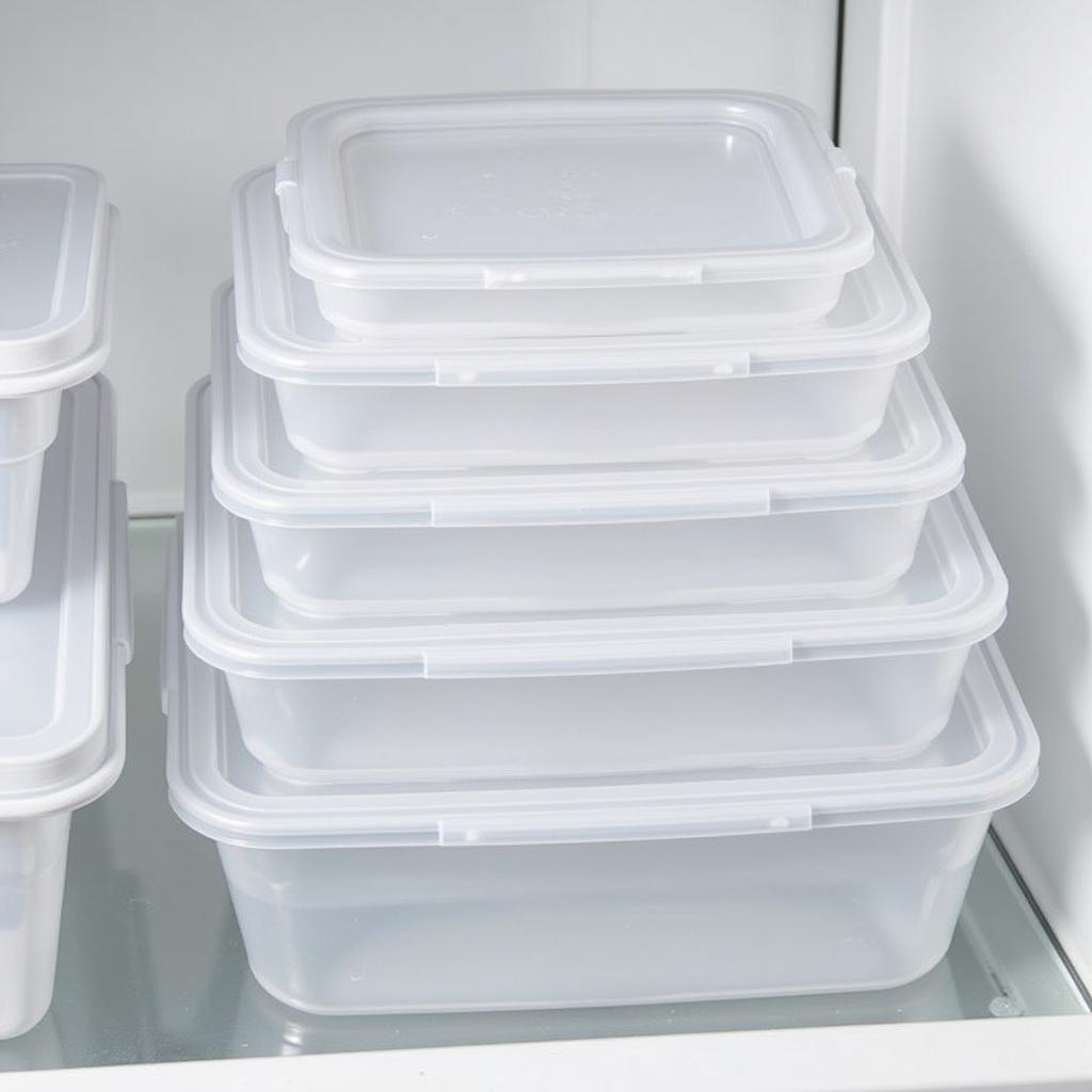 Clear polycarbonate food storage containers stacked in a restaurant refrigerator