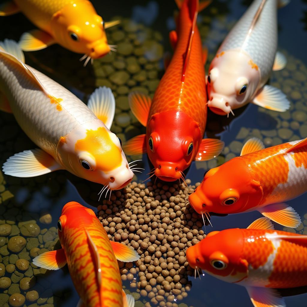 Pond fish eagerly consuming bulk food pellets