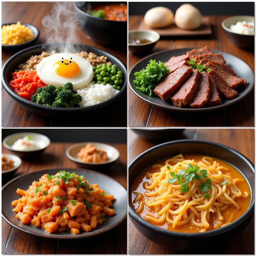 Popular Korean frozen meals such as bibimbap, bulgogi, and tteokbokki.