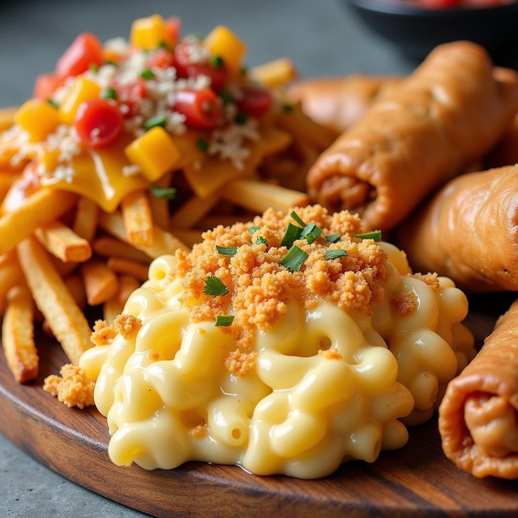 Close-up shots of popular savory side dishes like loaded fries, mac and cheese, and spring rolls.