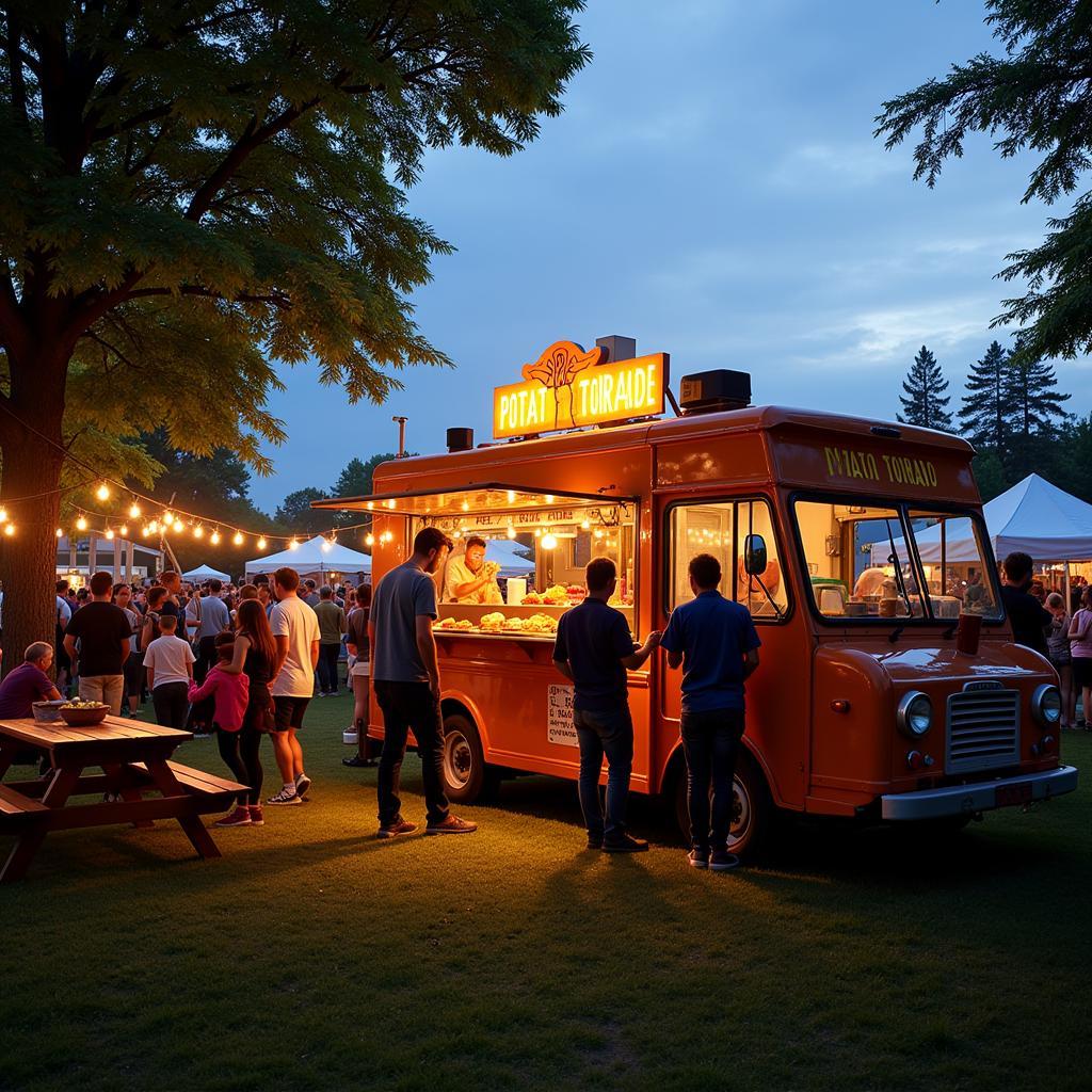 A potato tornado food truck serving customers at a busy outdoor event