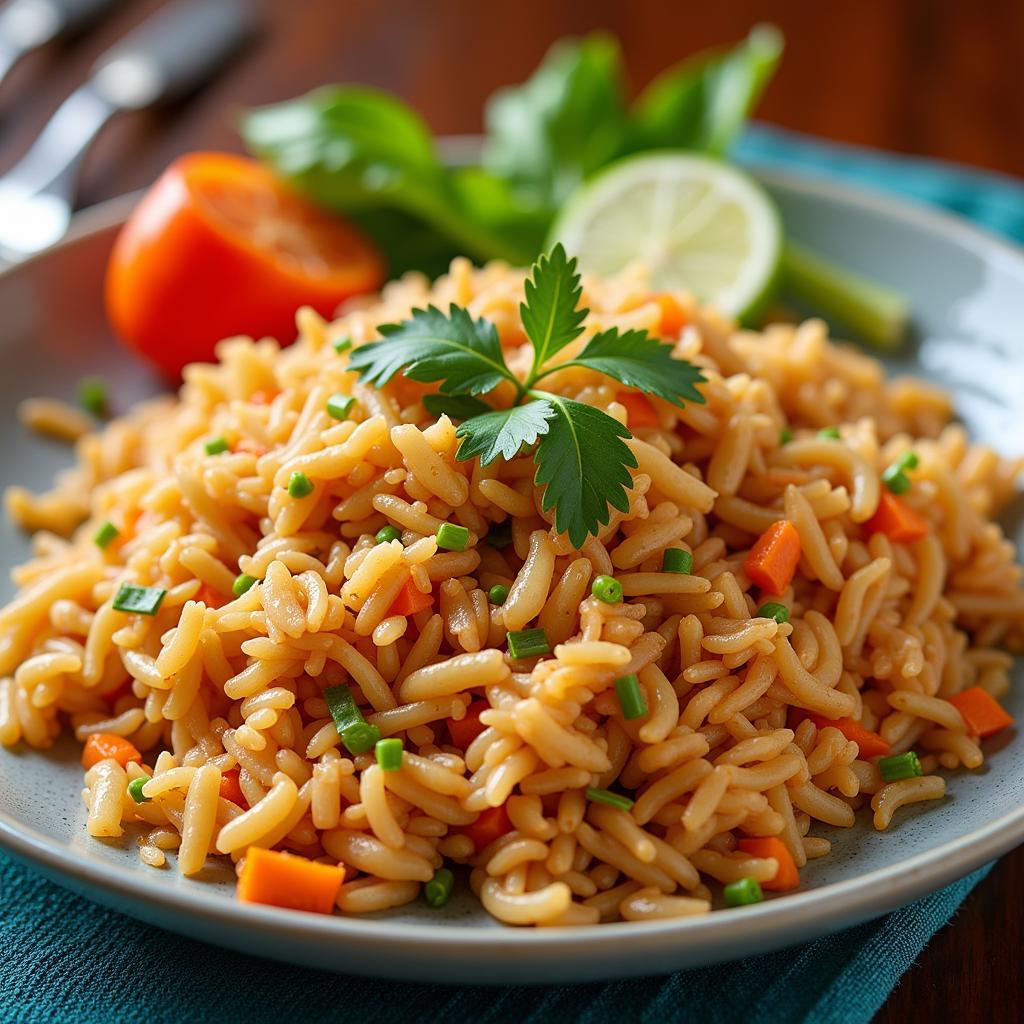 A beautifully plated dish made with Lotus Foods rice.