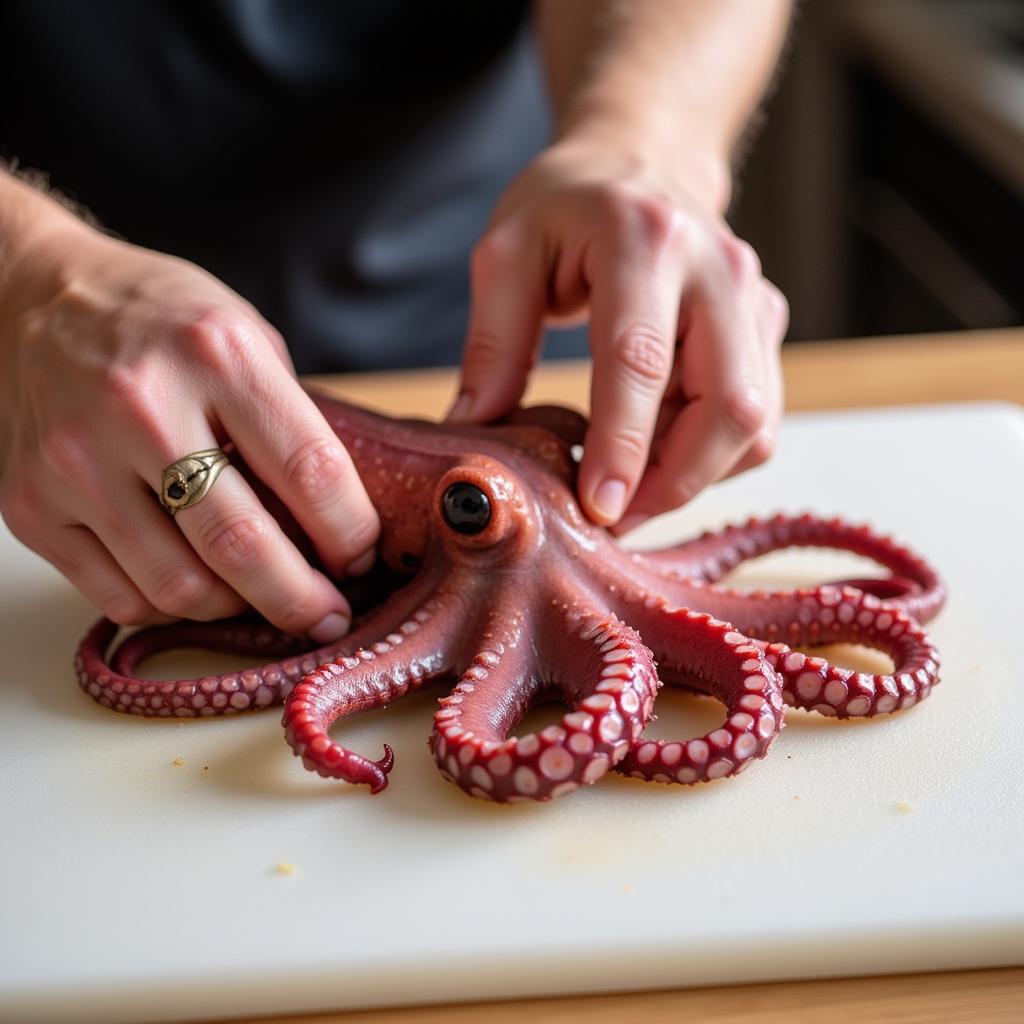 Hands preparing fresh octopus for cooking by tenderizing it.